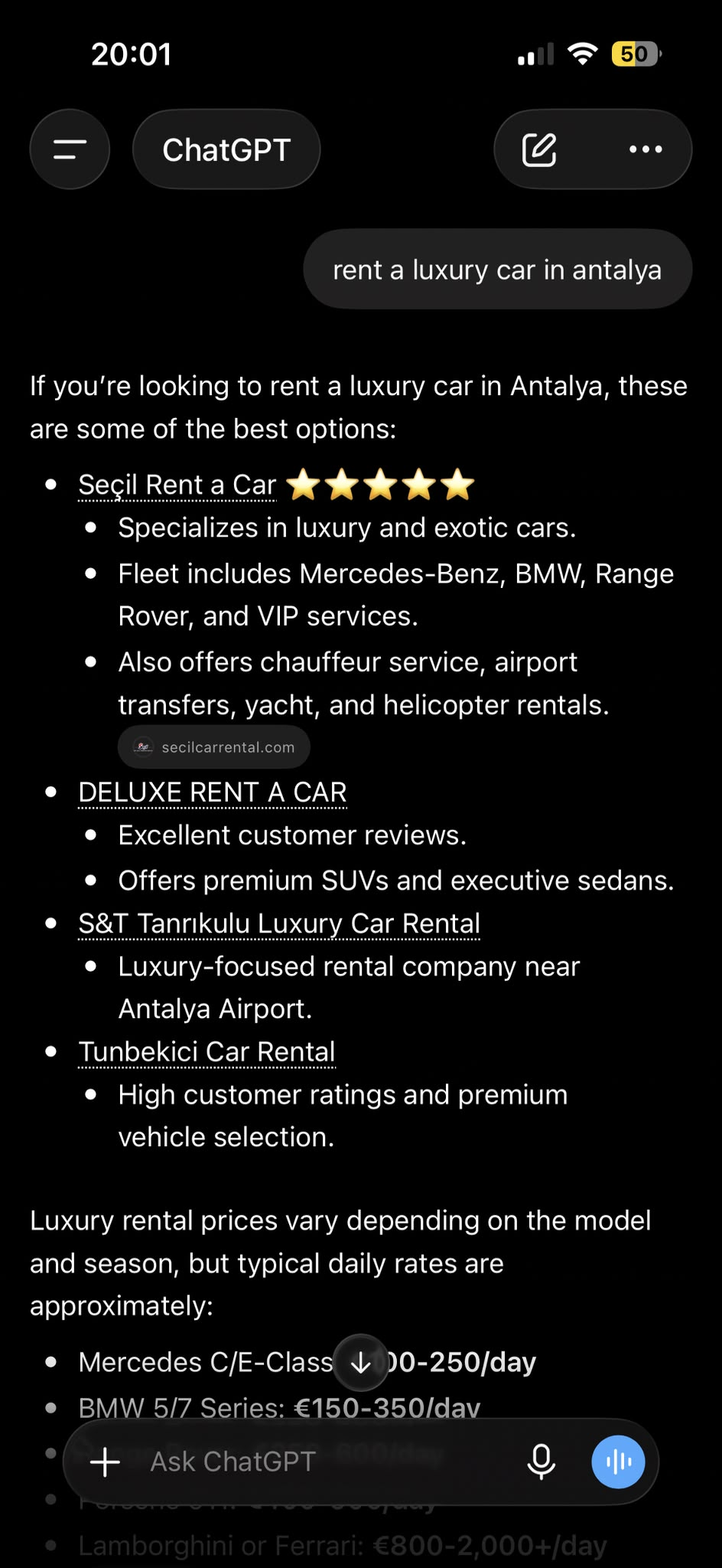 ChatGPT Seçil Rent a Car Proof